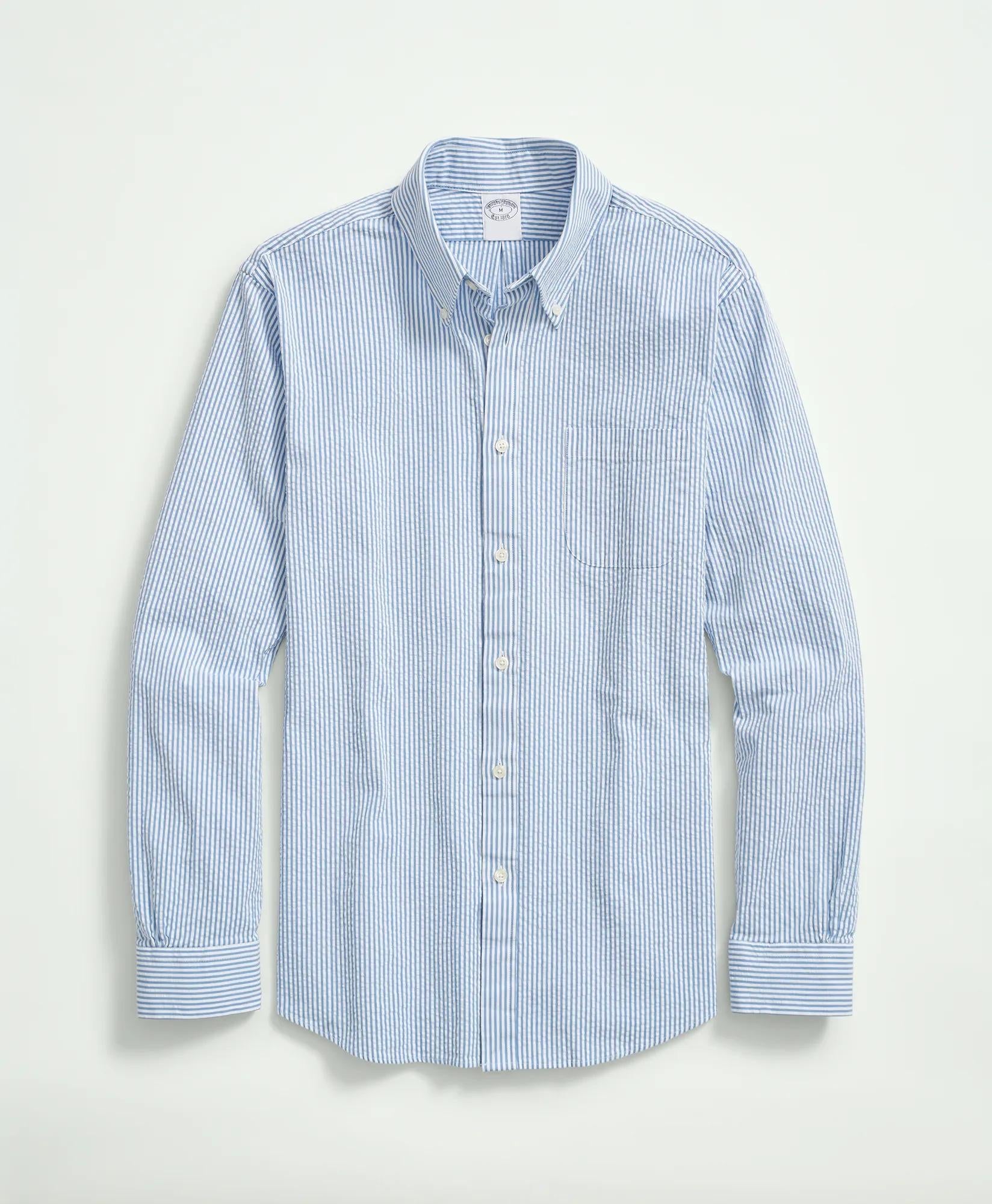 Washed Cotton Seersucker Button-Down Collar Stripe Sport Shirt