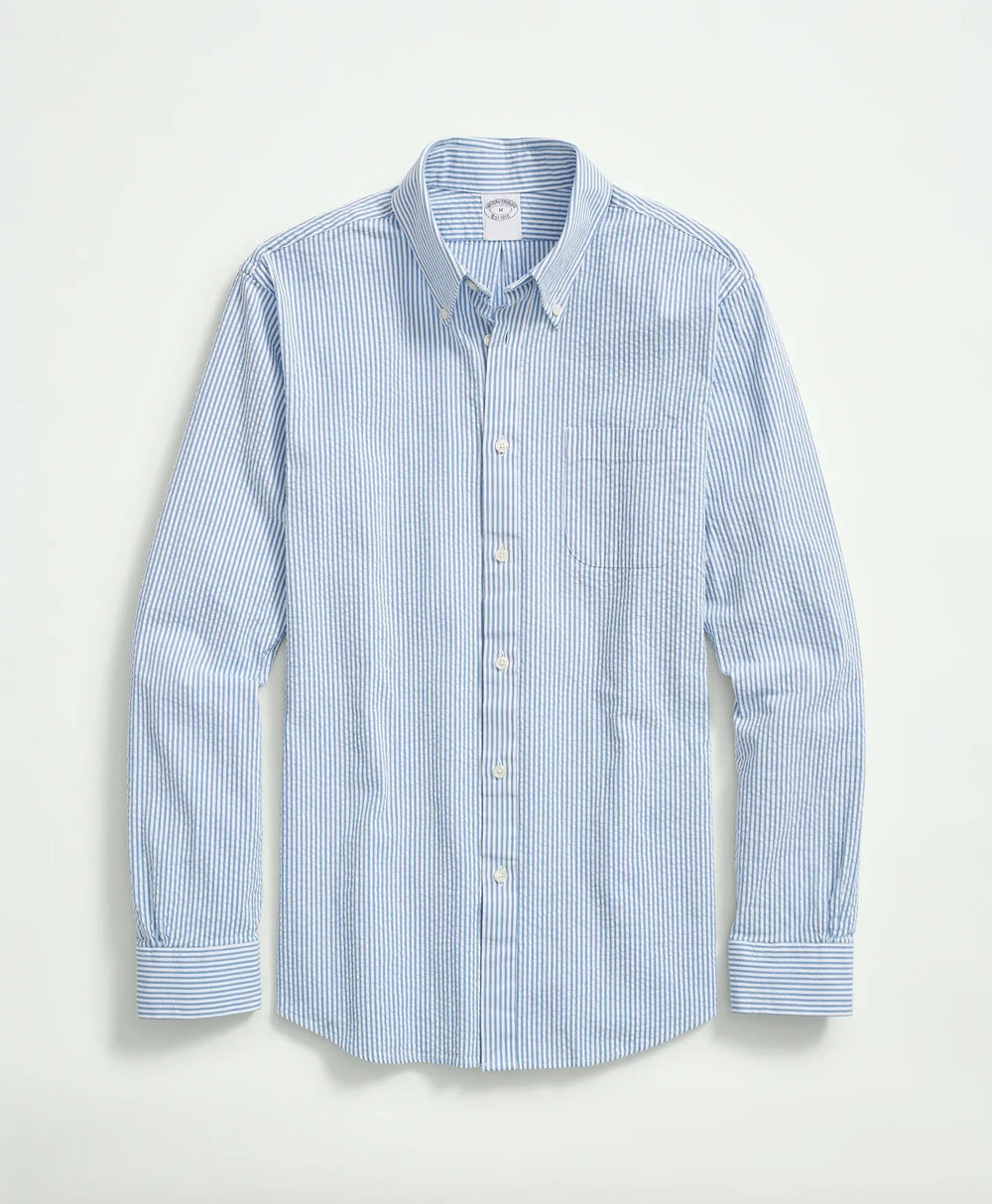 Washed Cotton Seersucker Button-Down Collar Stripe Sport Shirt
