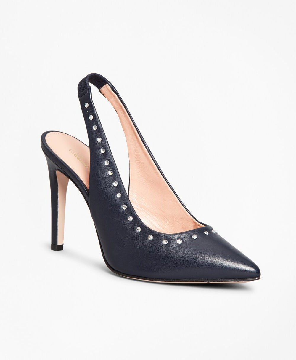 Rhinestone-Studded Leather Slingback Pumps