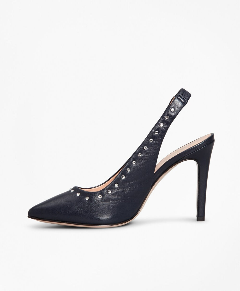 Rhinestone-Studded Leather Slingback Pumps
