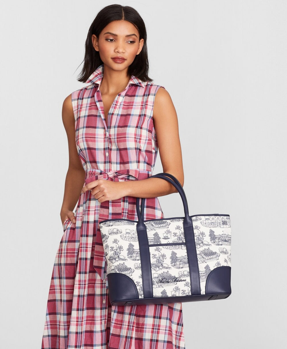 Leather-Trimmed Toile Canvas Tote Bag