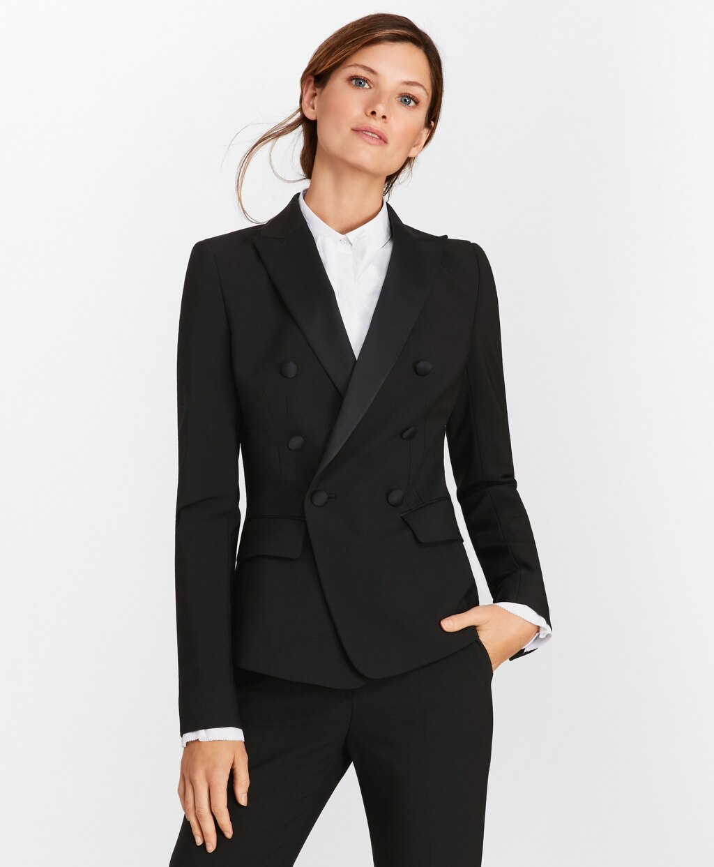 Stretch-Wool Crepe Double-Breasted Tuxedo Jacket