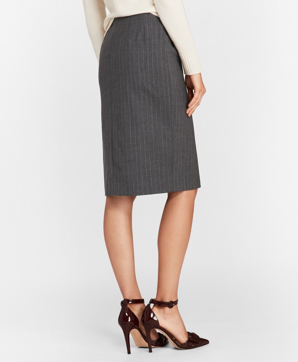 Pinstripe Stretch Wool Faux Wrap Skirt