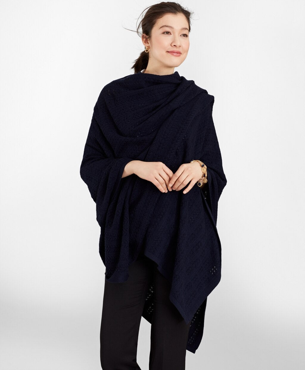 Pointelle Cable-Knit Merino Wool Ruana