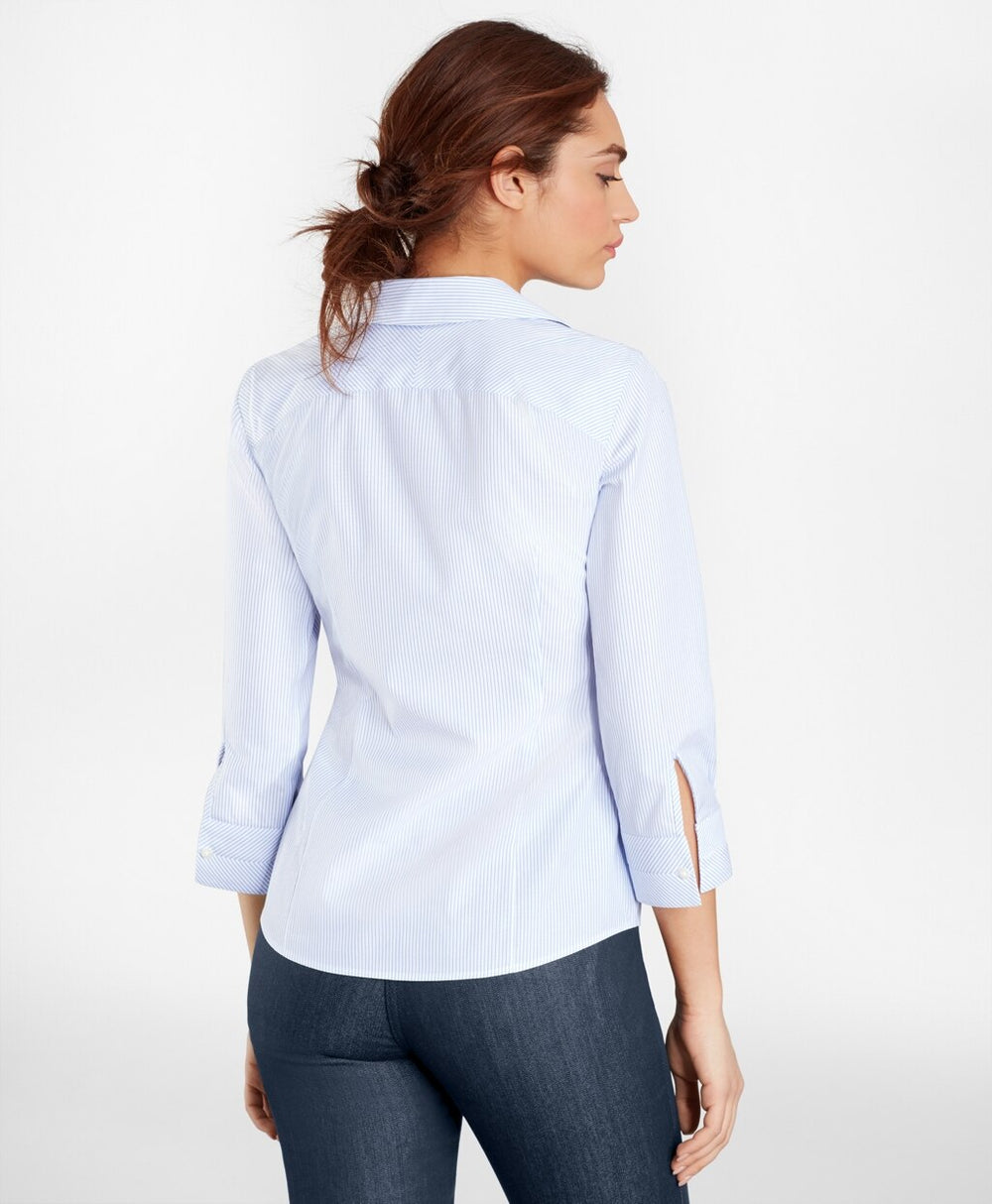 Non-Iron Tailored-Fit Striped Three-Quarter-Sleeve Supima® Cotton Stretch Shirt