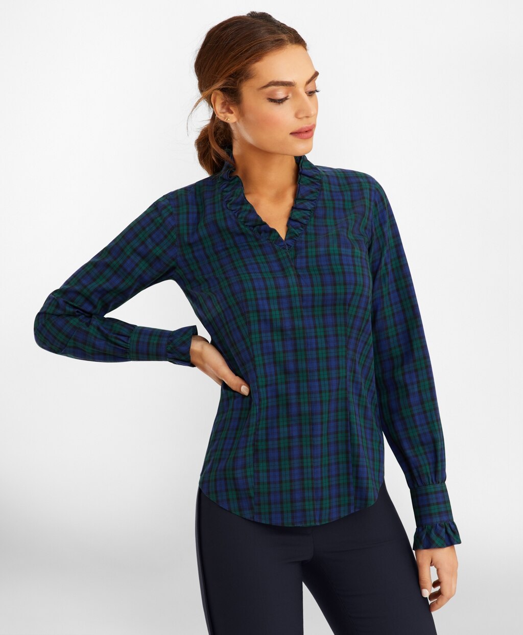 Non-Iron Black Watch Tartan Supima® Cotton-Blend Ruffle-Collar Blouse