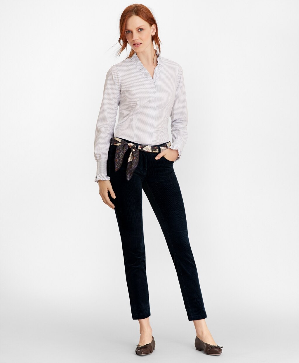 Non-Iron Striped Supima® Cotton Ruffle-Collar Blouse