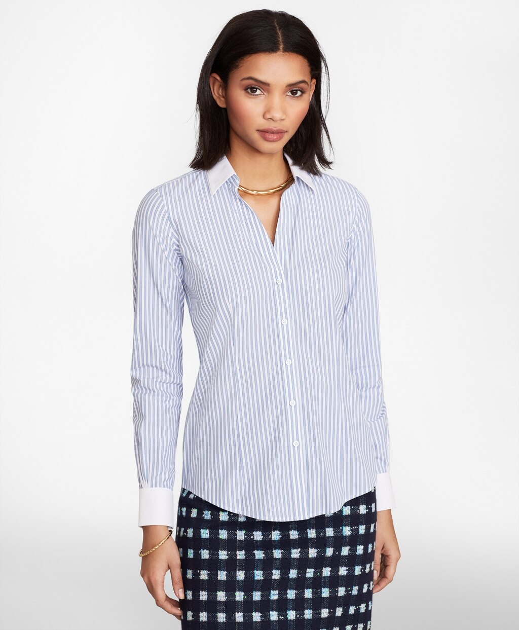 Non-Iron Striped Supima® Cotton Poplin Contrast-Collar Fitted Shirt