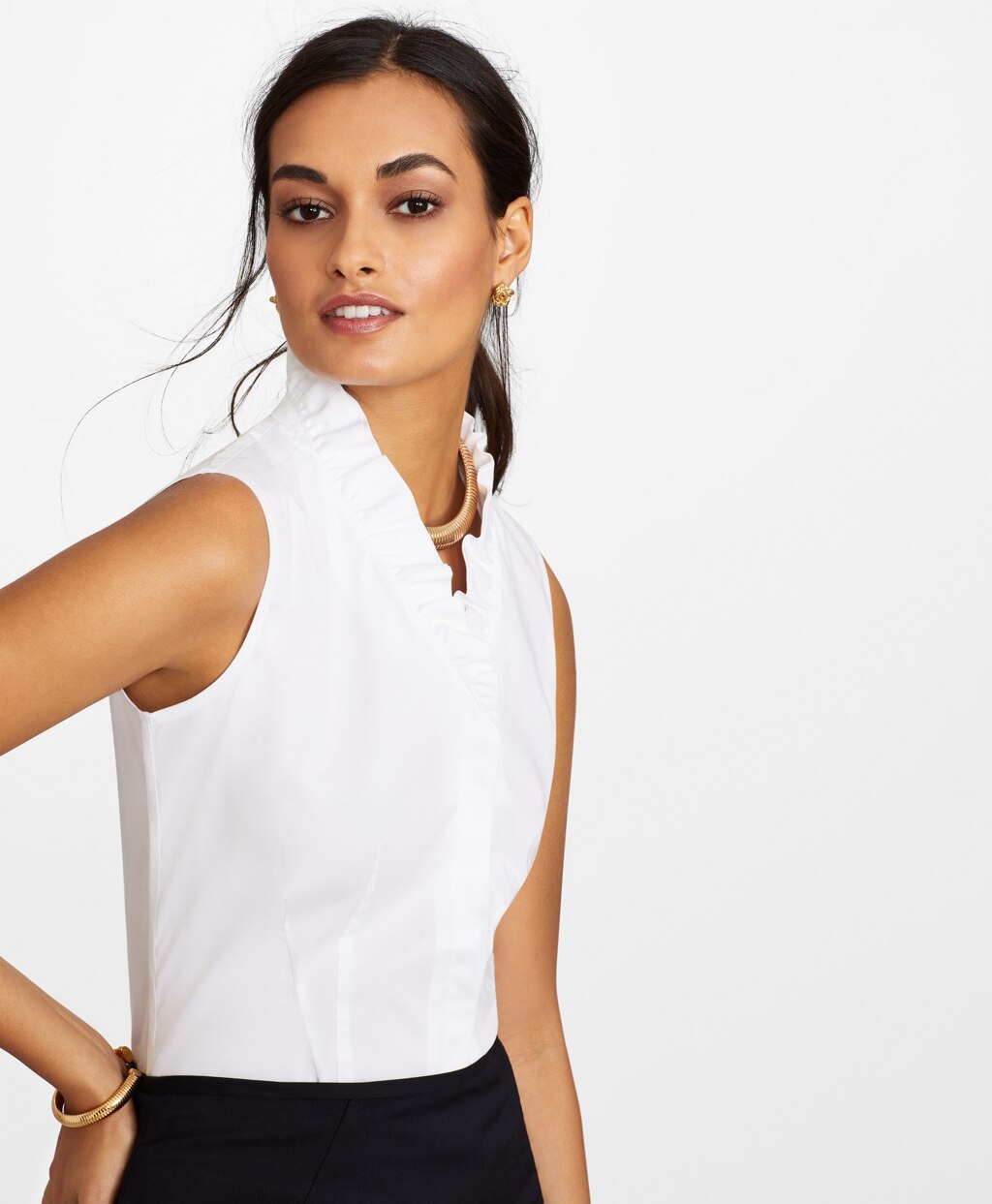 Non-Iron Stretch Supima® Cotton Sleeveless Ruffled Blouse