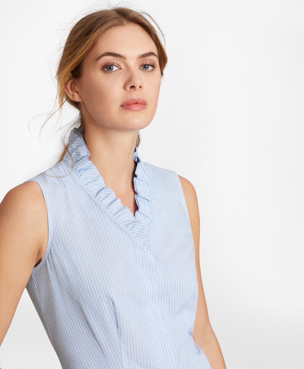 Non-Iron Striped Supima® Cotton Ruffle-Collar Sleeveless Blouse