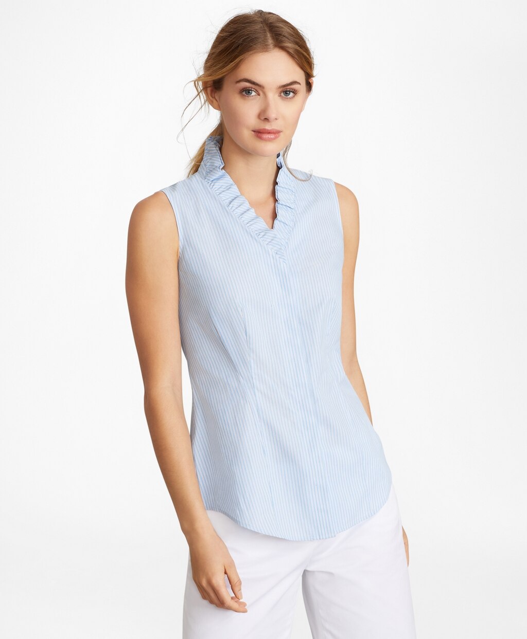 Non-Iron Striped Supima® Cotton Ruffle-Collar Sleeveless Blouse