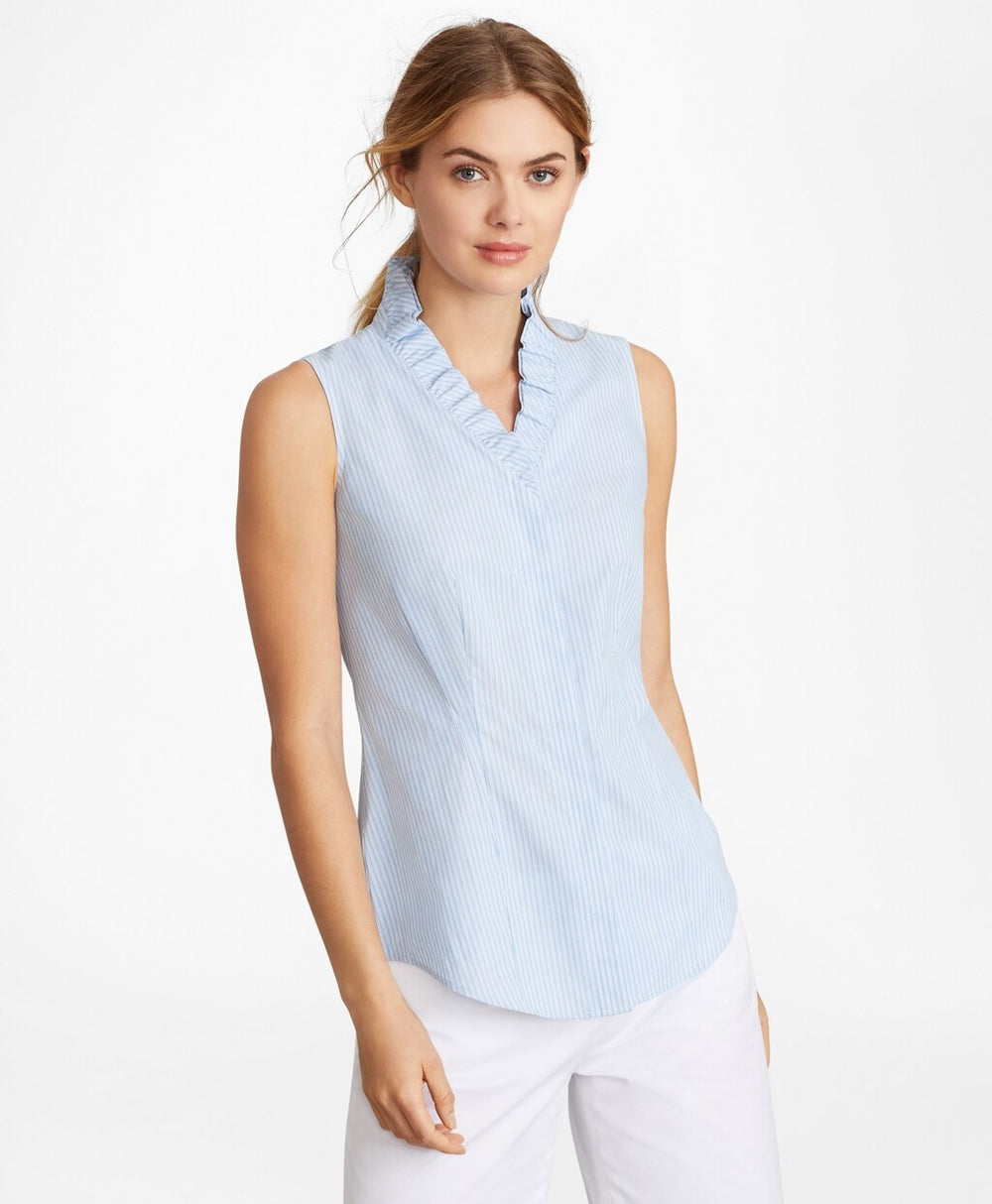 Non-Iron Striped Supima® Cotton Ruffle-Collar Sleeveless Blouse