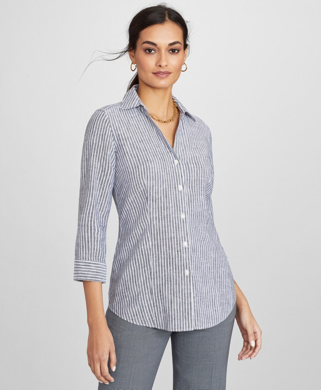 Striped Linen Three-Quarter-Sleeve Shirt