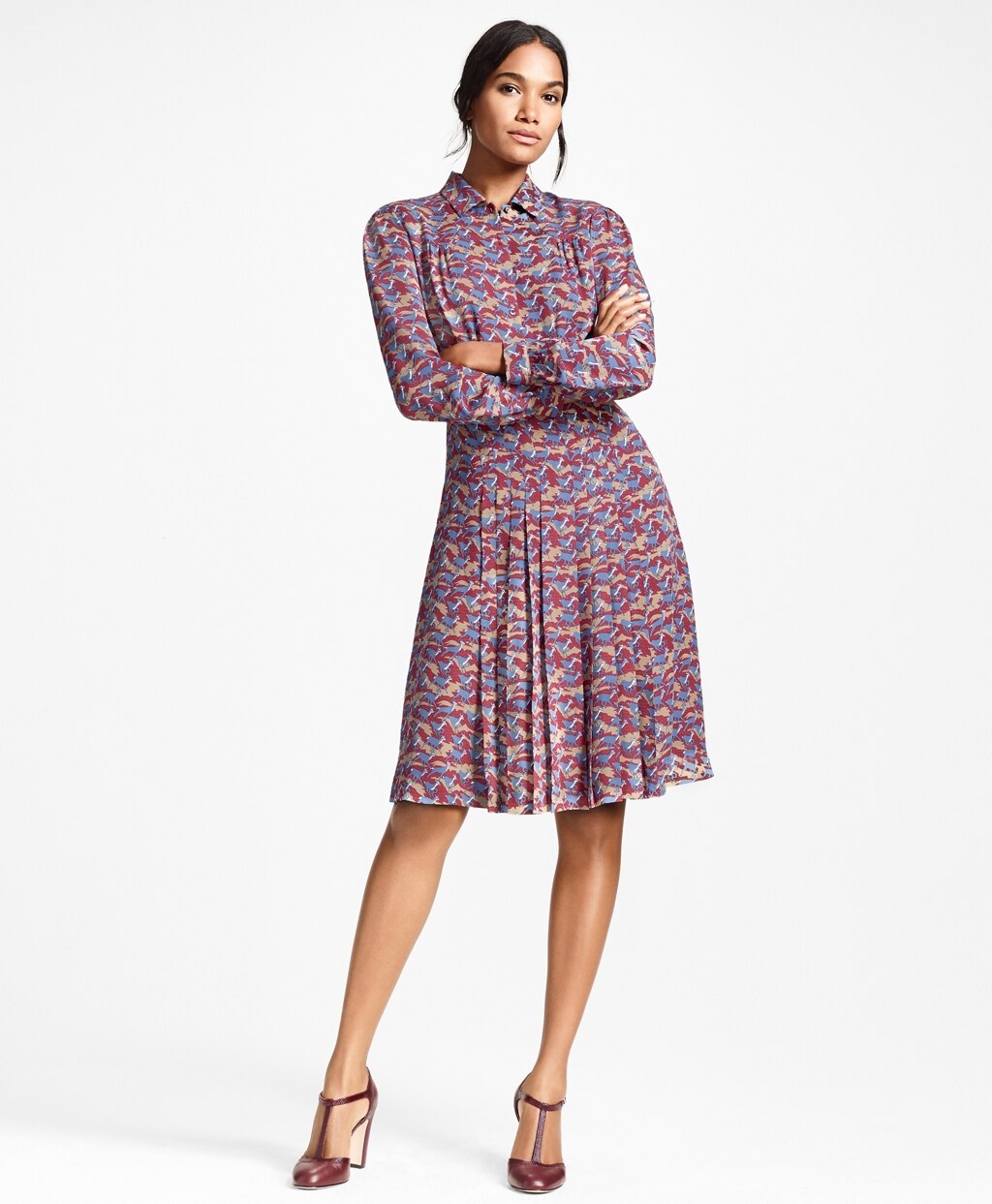 Deer-Print Silk Chiffon Shirt Dress