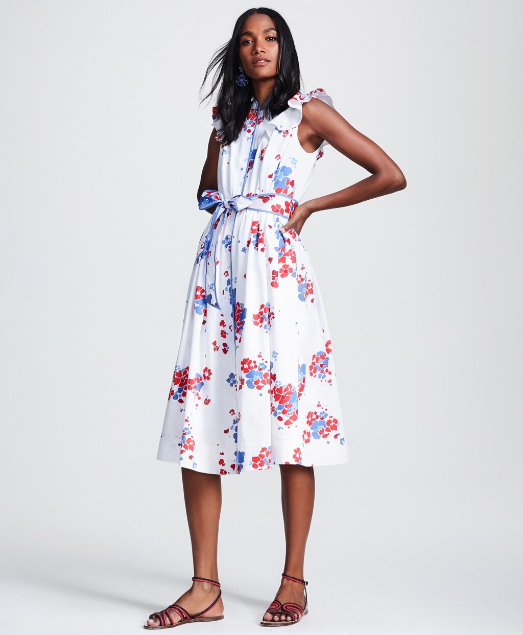 Floral-Print Supima® Cotton Sateen Flutter-Sleeve Shirt Dress