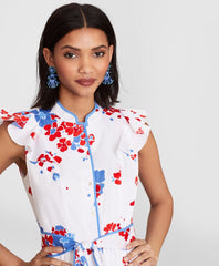 Floral-Print Supima® Cotton Sateen Flutter-Sleeve Shirt Dress