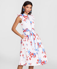 Floral-Print Supima® Cotton Sateen Flutter-Sleeve Shirt Dress