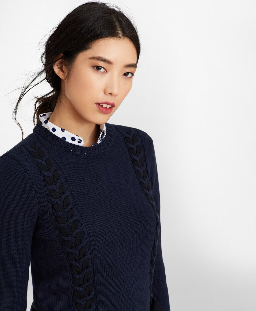Grosgrain-Trimmed Supima® Cotton Cable-Knit Sweater