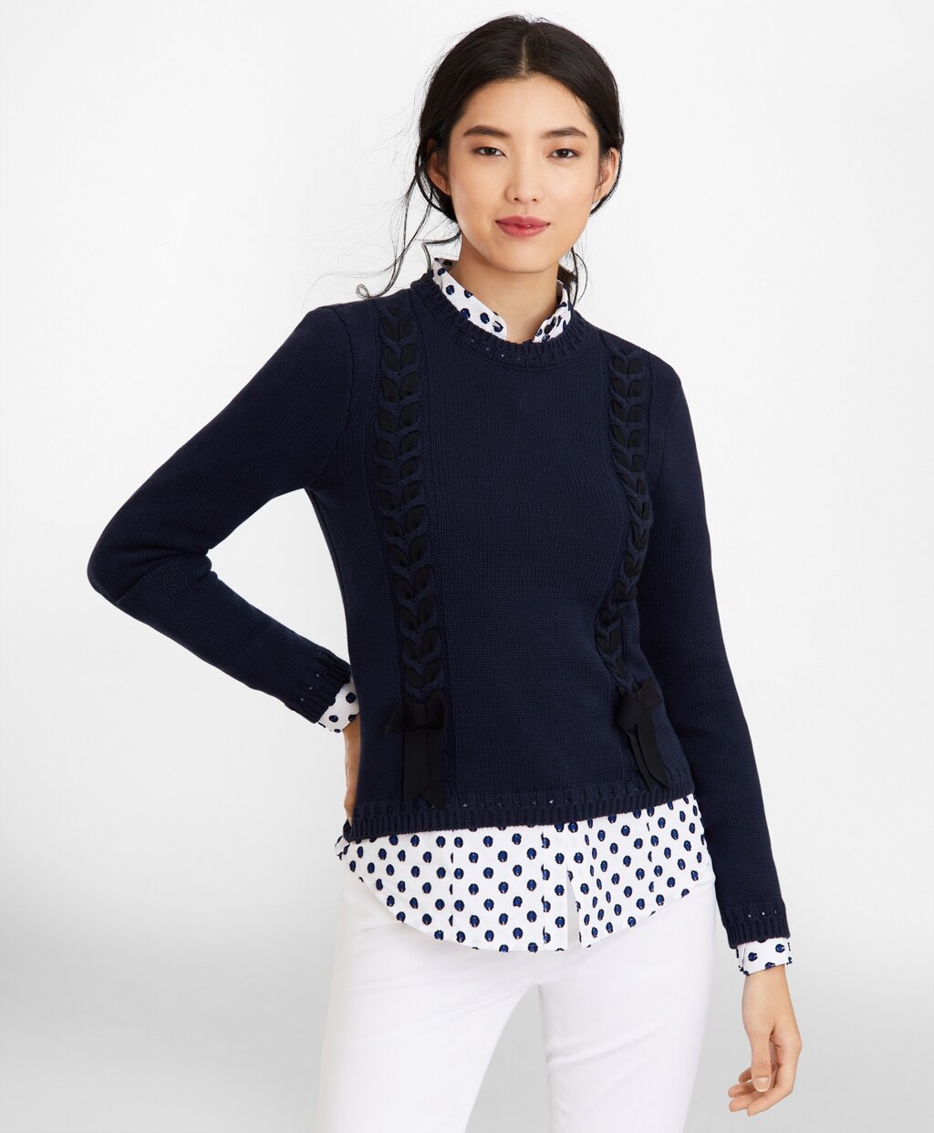 Grosgrain-Trimmed Supima® Cotton Cable-Knit Sweater