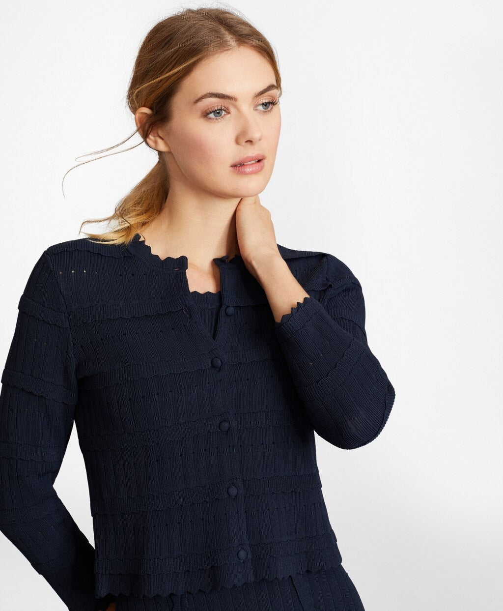 Scalloped-Trim Rib-Knit Cropped Cardigan