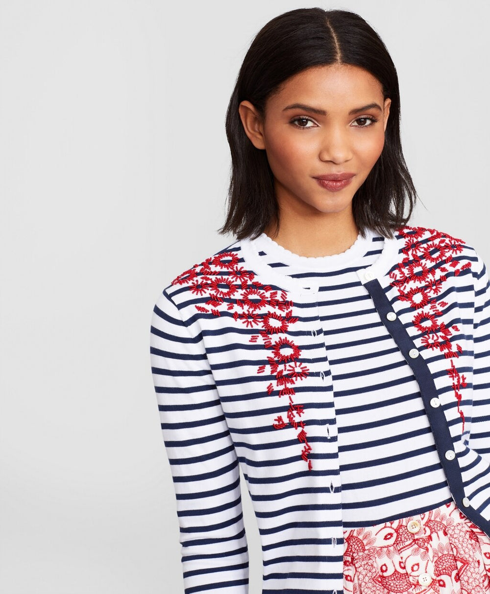 Floral-Beaded Striped Cardigan