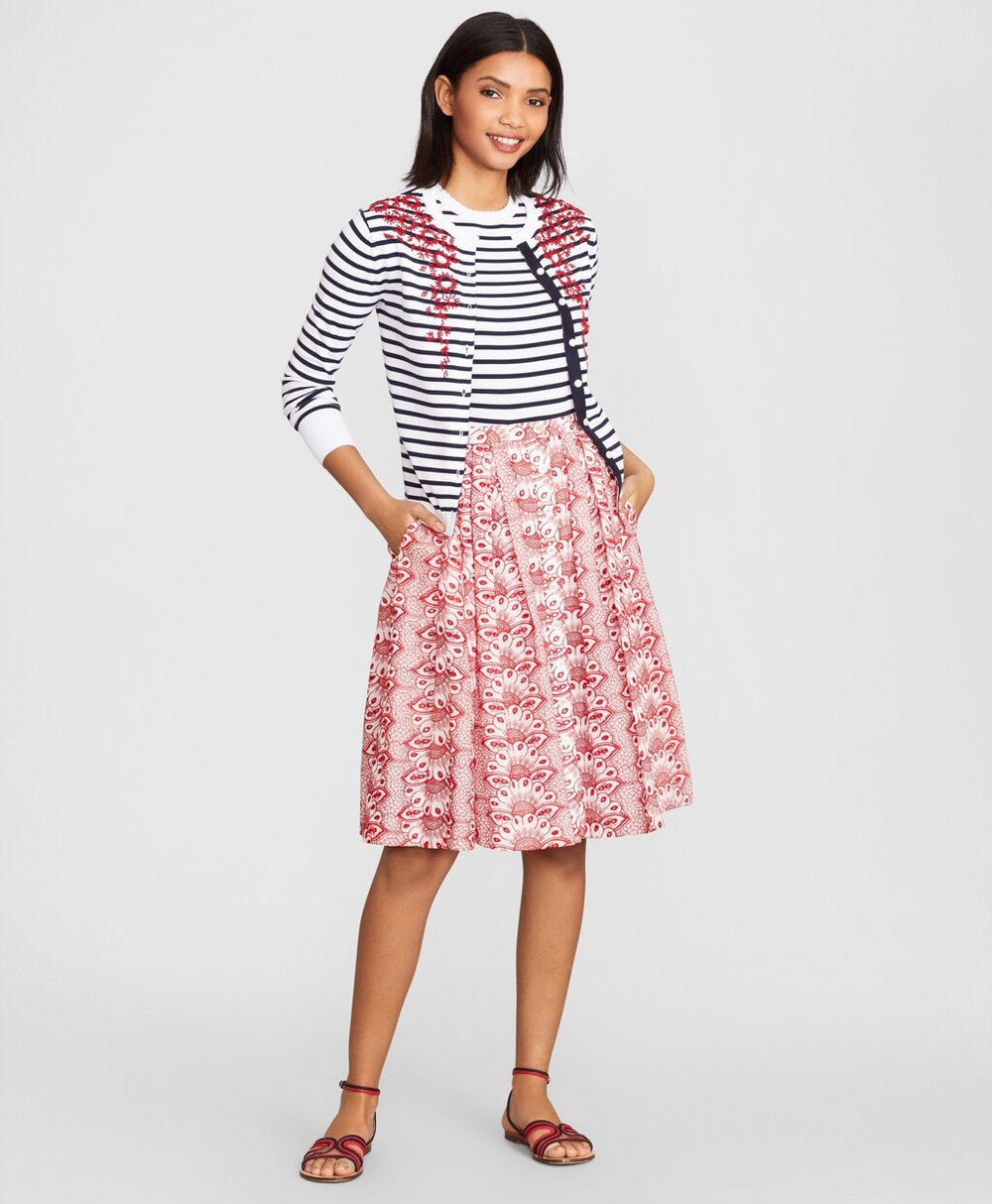 Floral-Beaded Striped Cardigan