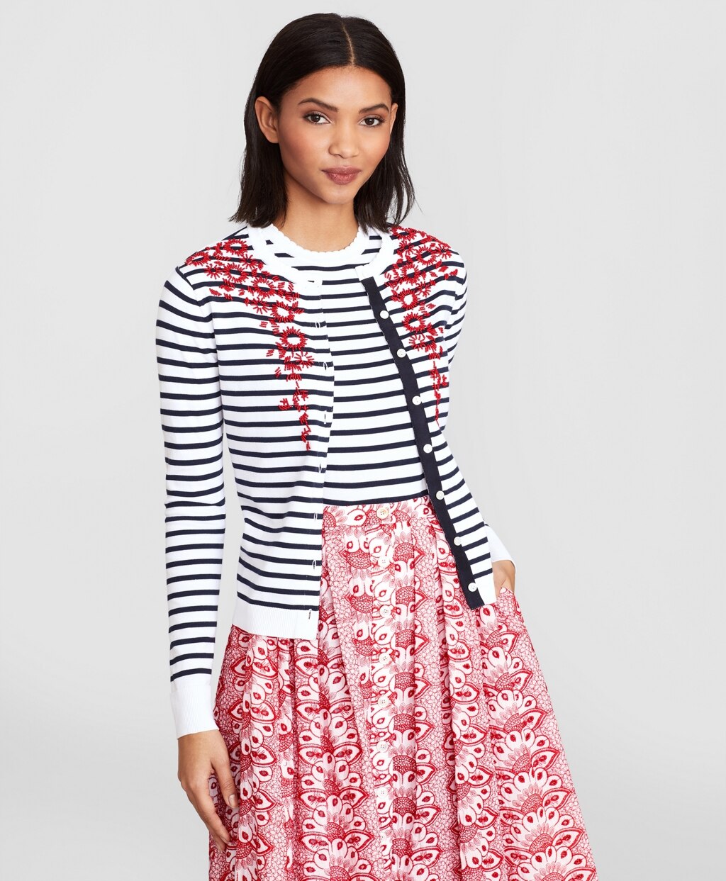 Floral-Beaded Striped Cardigan