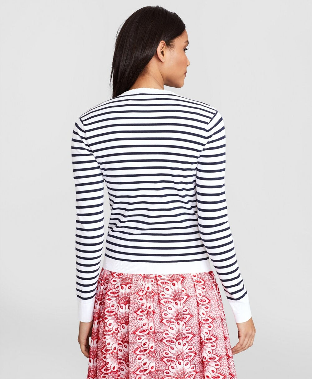Floral-Beaded Striped Cardigan