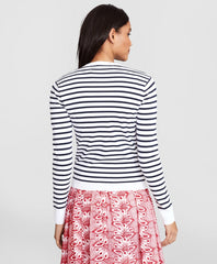 Floral-Beaded Striped Cardigan