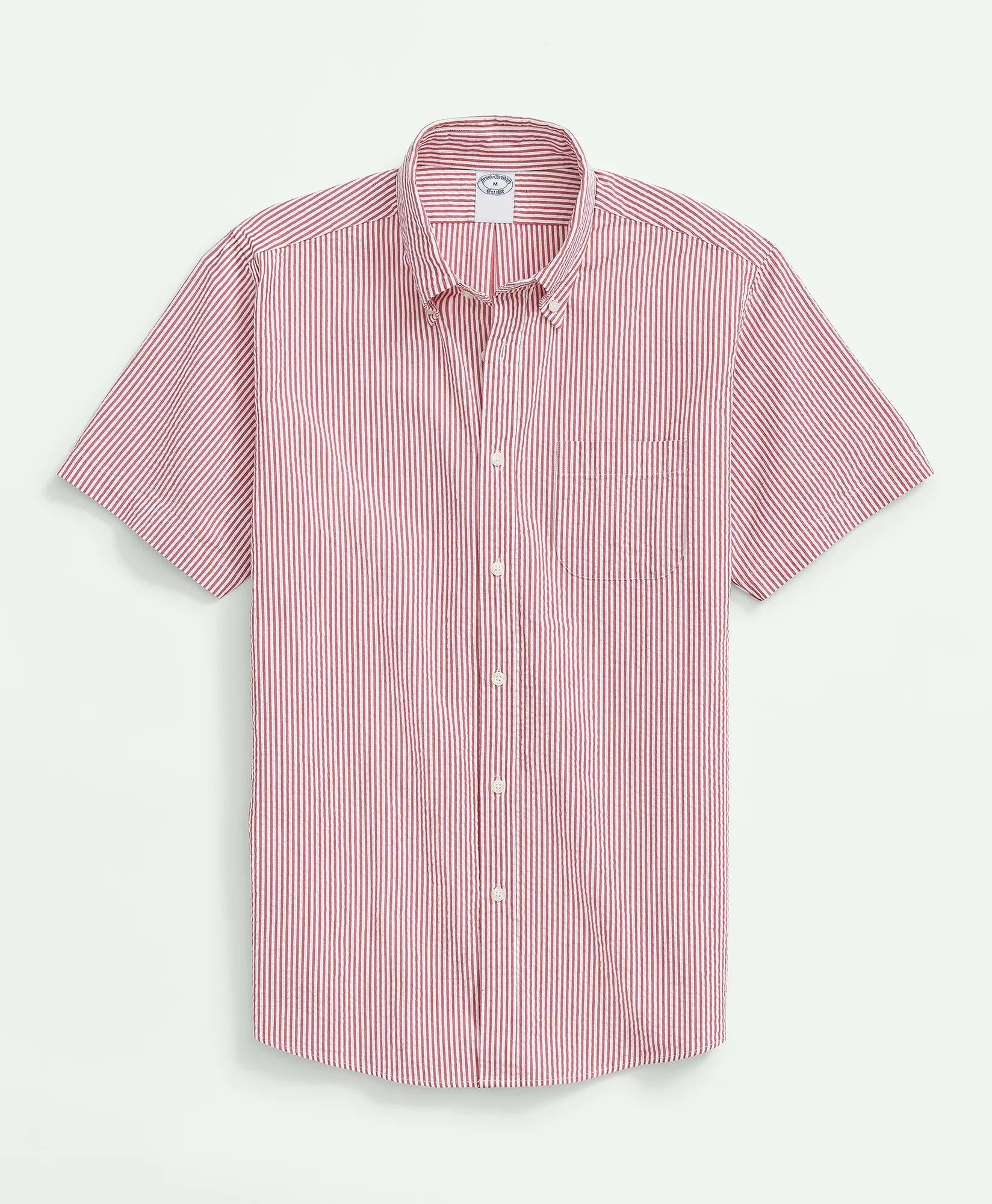 Washed Cotton Seersucker Button-Down Collar Stripe Short-Sleeve Sport Shirt