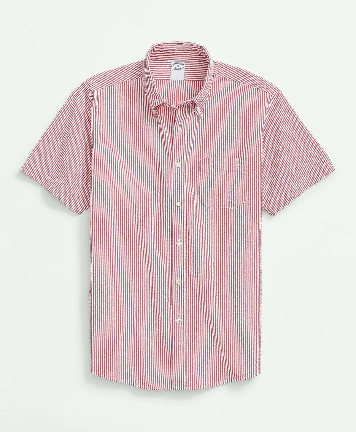 Washed Cotton Seersucker Button-Down Collar Stripe Short-Sleeve Sport Shirt