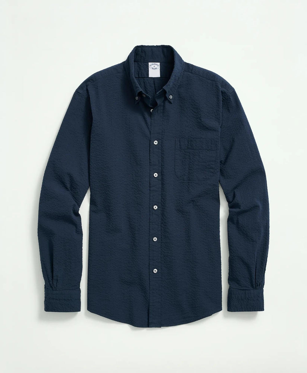 Washed Cotton Seersucker Button-Down Collar Sport Shirt
