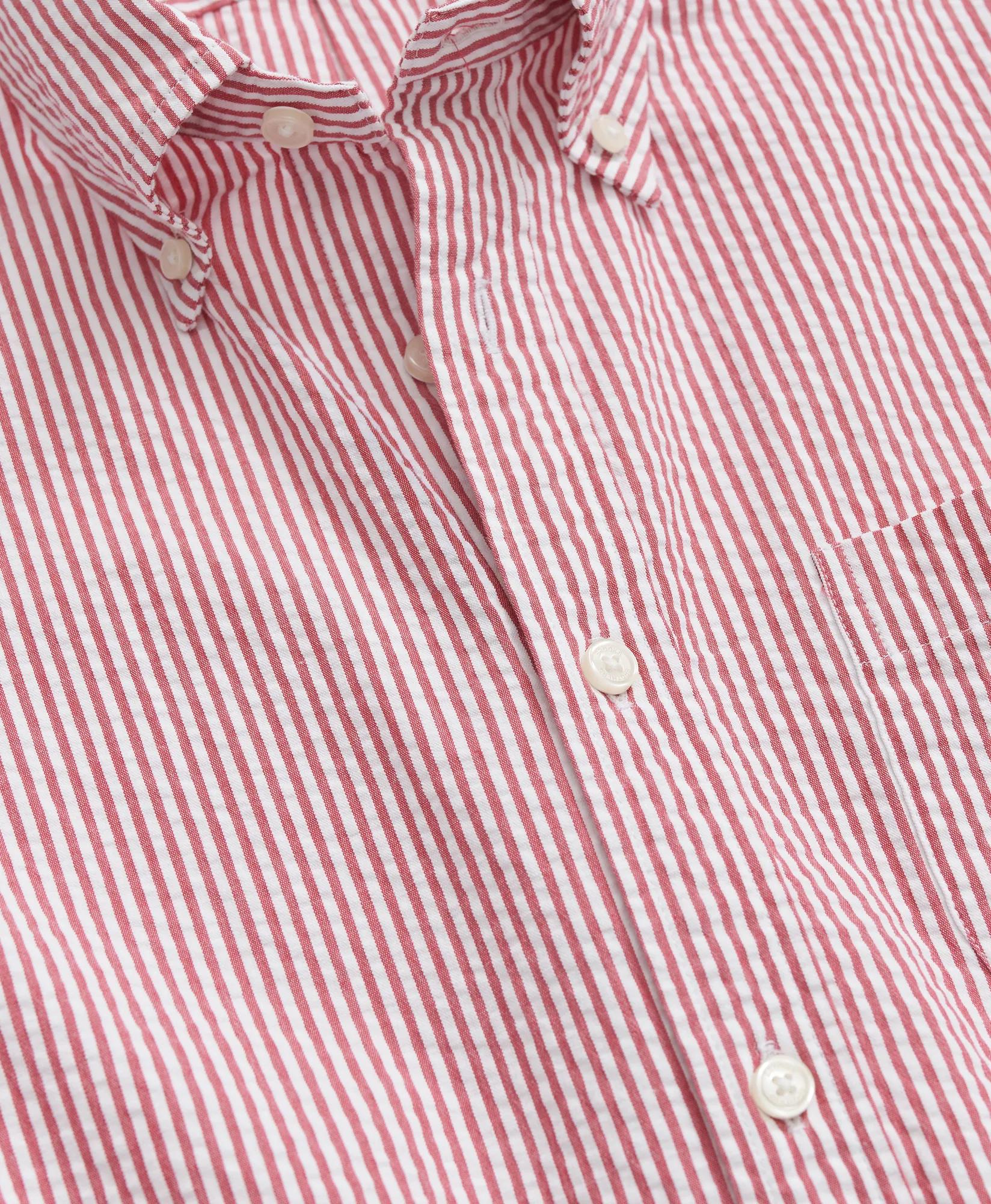 Washed Cotton Seersucker Button-Down Collar Stripe Short-Sleeve Sport Shirt